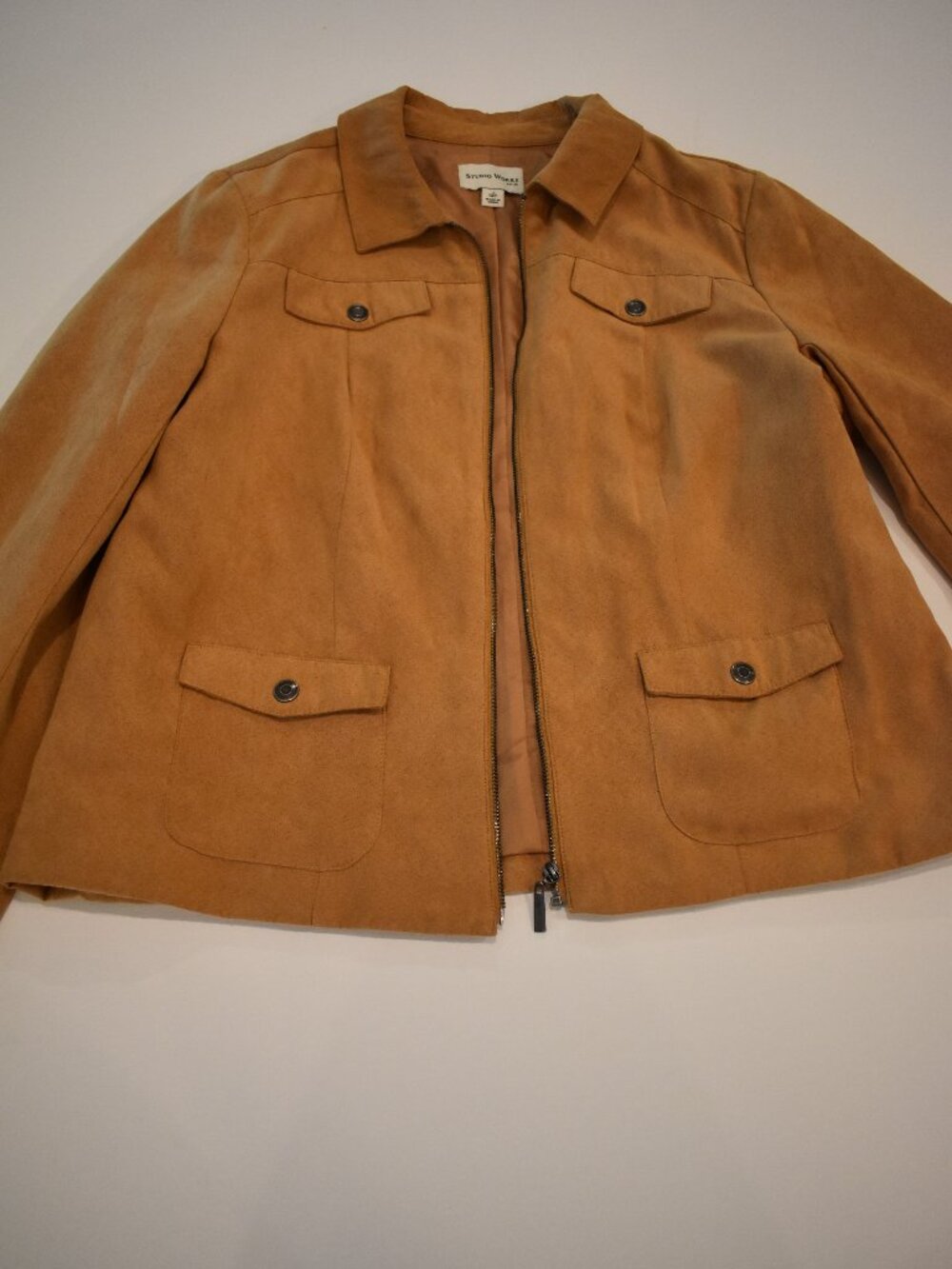 Studio Works Petite 14P Camel Faux Suede Utility Jacket Zip Front Lightweight
